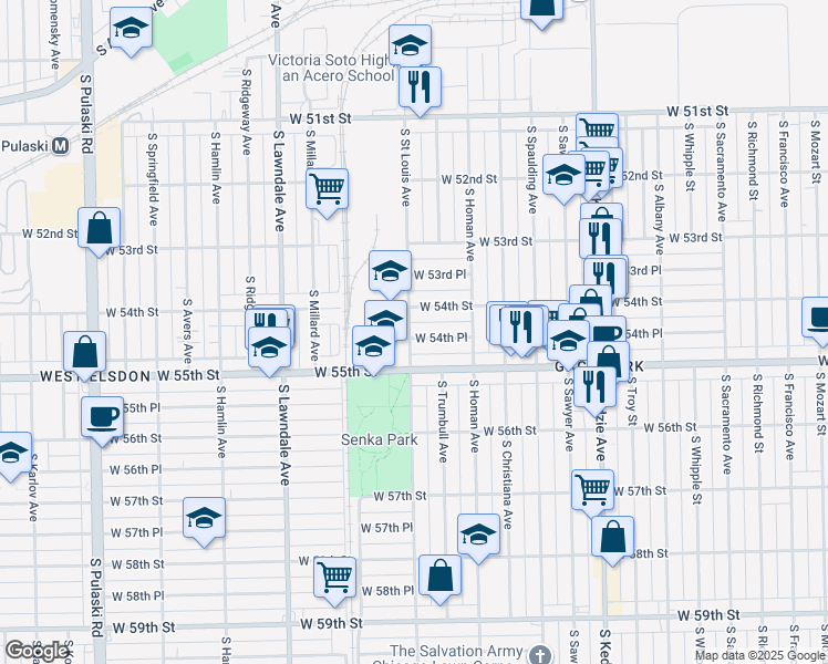 map of restaurants, bars, coffee shops, grocery stores, and more near 3456 West 54th Place in Chicago