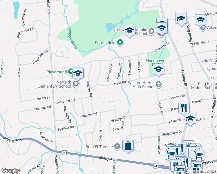 map of restaurants, bars, coffee shops, grocery stores, and more near 109 Hyde Road in West Hartford