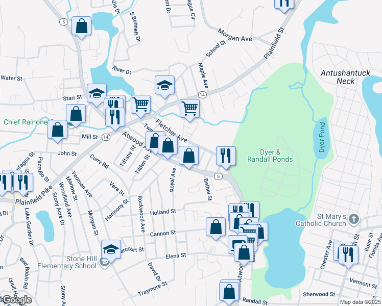 map of restaurants, bars, coffee shops, grocery stores, and more near 21 Garrison Street in Cranston