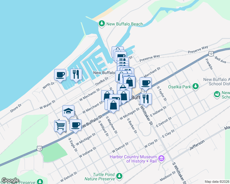map of restaurants, bars, coffee shops, grocery stores, and more near 103 North Barker Street in New Buffalo