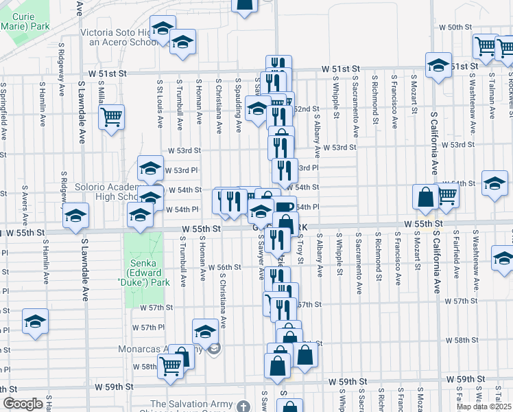 map of restaurants, bars, coffee shops, grocery stores, and more near 5426 South Sawyer Avenue in Chicago