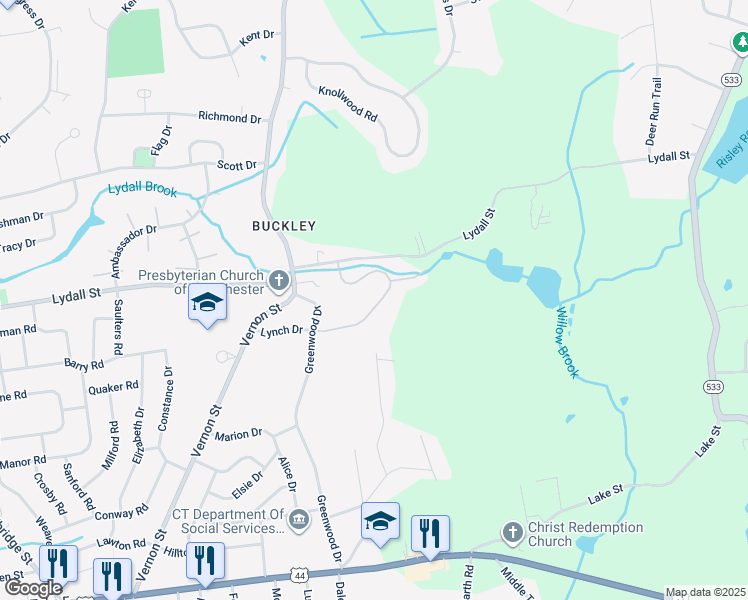 map of restaurants, bars, coffee shops, grocery stores, and more near 125 Cliffside Drive in Manchester