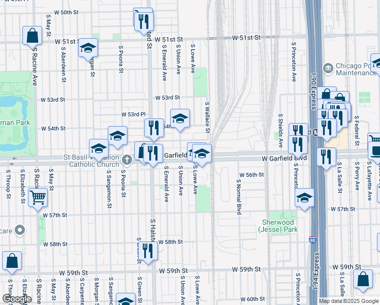 map of restaurants, bars, coffee shops, grocery stores, and more near 640 West Garfield Boulevard in Chicago