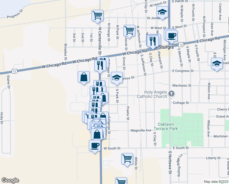 map of restaurants, bars, coffee shops, grocery stores, and more near 403 South Park Street in Sturgis