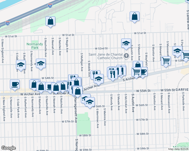 map of restaurants, bars, coffee shops, grocery stores, and more near 5354 S Merrimac Ave in Chicago