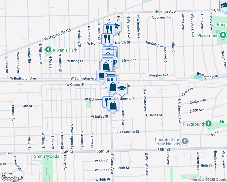 map of restaurants, bars, coffee shops, grocery stores, and more near 19 South Cass Avenue in Westmont