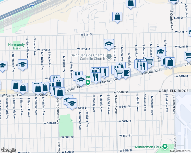 map of restaurants, bars, coffee shops, grocery stores, and more near 5357 South Moody Avenue in Chicago