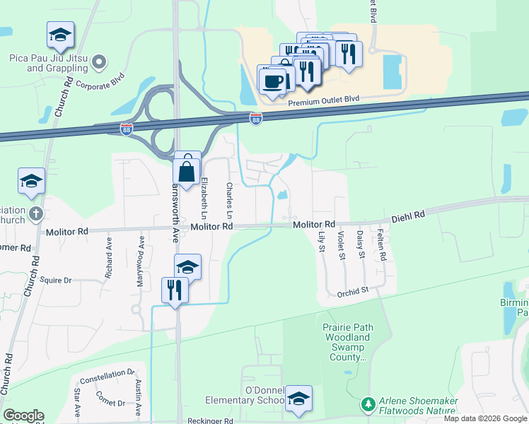 map of restaurants, bars, coffee shops, grocery stores, and more near 1865 Connie Court in Aurora