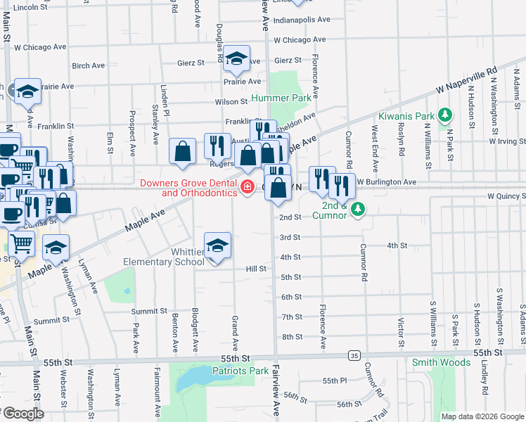 map of restaurants, bars, coffee shops, grocery stores, and more near 5118 Fairview Avenue in Downers Grove