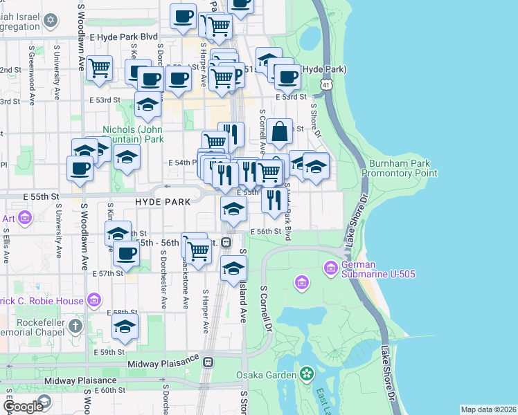 map of restaurants, bars, coffee shops, grocery stores, and more near 5521 South Cornell Avenue in Chicago