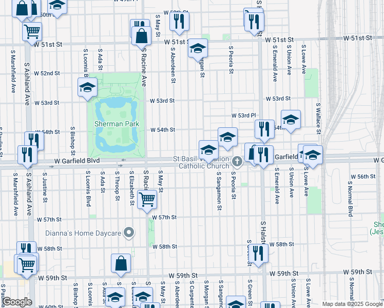 map of restaurants, bars, coffee shops, grocery stores, and more near 1022 West Garfield Boulevard in Chicago