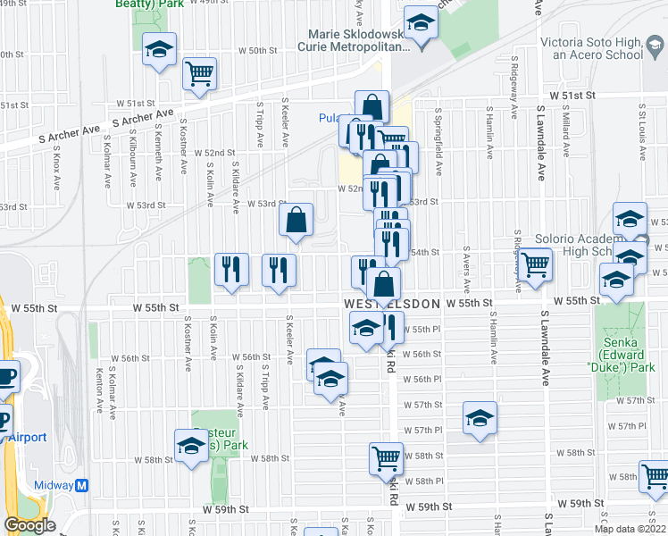 map of restaurants, bars, coffee shops, grocery stores, and more near 5414 South Karlov Avenue in Chicago