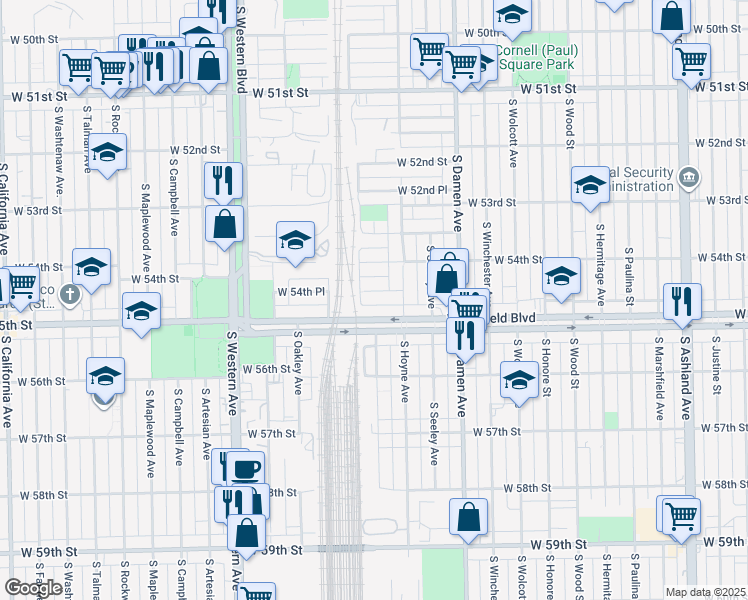 map of restaurants, bars, coffee shops, grocery stores, and more near 2131 West 54th Place in Chicago