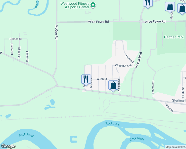 map of restaurants, bars, coffee shops, grocery stores, and more near 906 Oak Avenue in Sterling