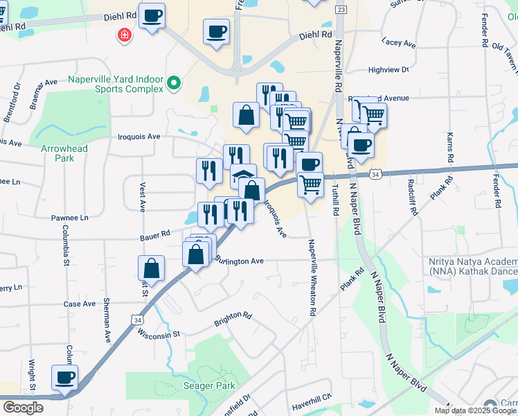 map of restaurants, bars, coffee shops, grocery stores, and more near 1200 Iroquois Avenue in Naperville