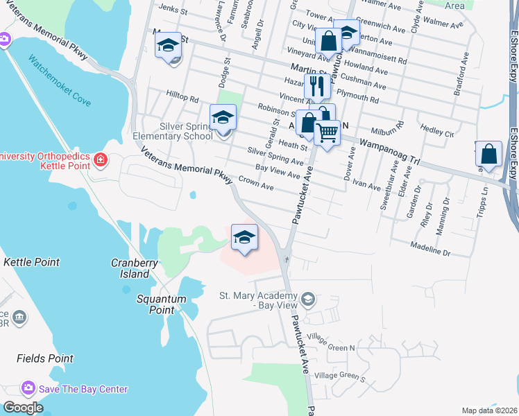 map of restaurants, bars, coffee shops, grocery stores, and more near 39 Mountain Avenue in East Providence