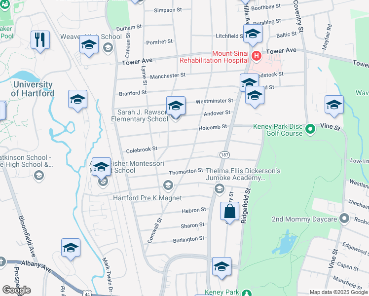 map of restaurants, bars, coffee shops, grocery stores, and more near 149 Colebrook Street in Hartford