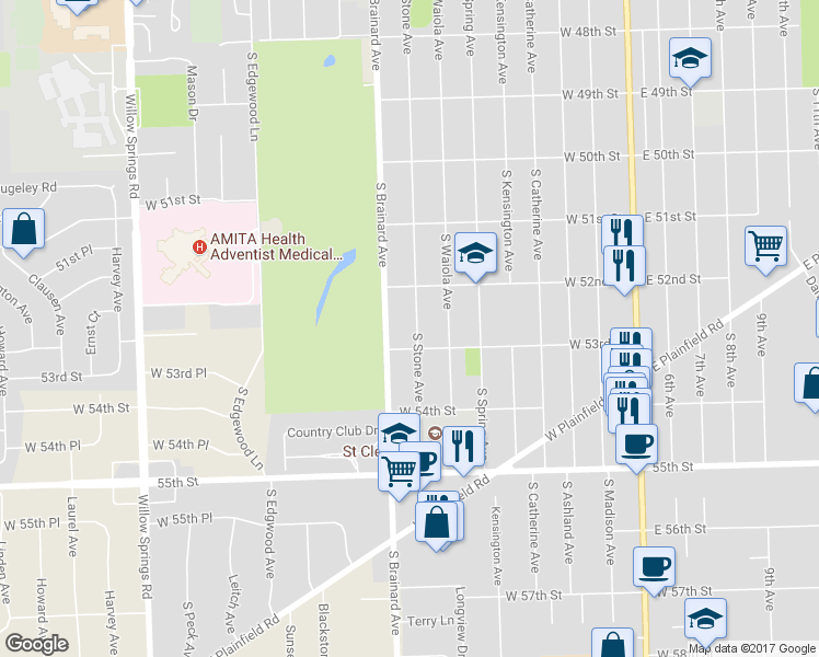 map of restaurants, bars, coffee shops, grocery stores, and more near 1034 South Stone Avenue in La Grange