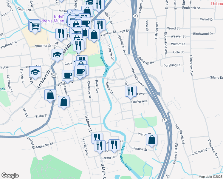 map of restaurants, bars, coffee shops, grocery stores, and more near 51 Arthur Street in Torrington