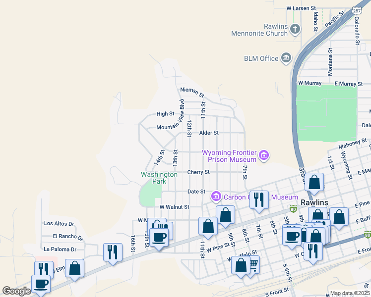 map of restaurants, bars, coffee shops, grocery stores, and more near 1002 12th Street in Rawlins