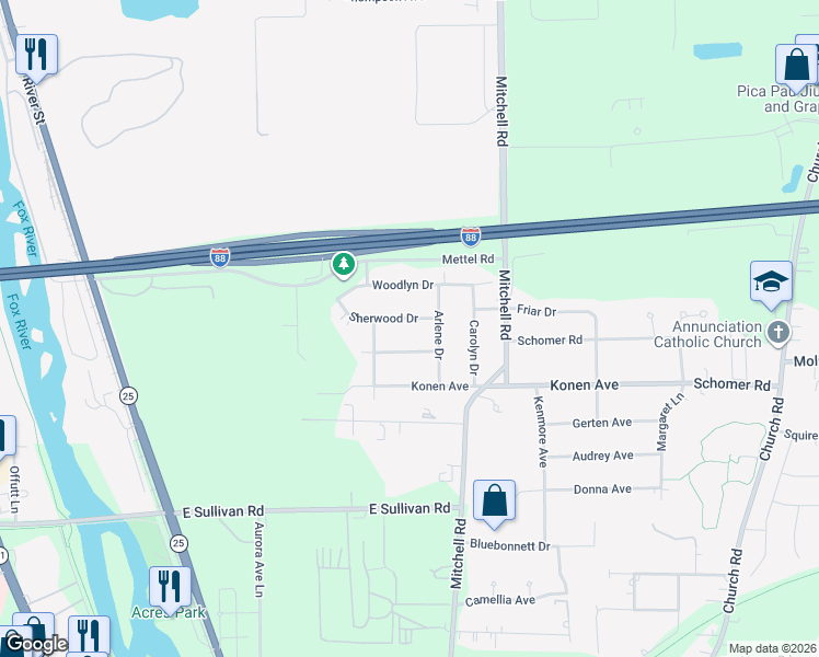 map of restaurants, bars, coffee shops, grocery stores, and more near 451 Sherwood Drive in Aurora