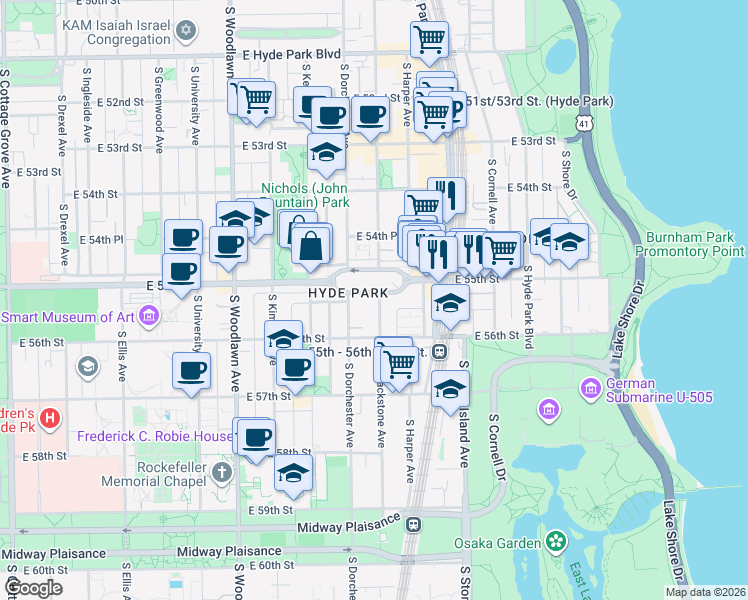 map of restaurants, bars, coffee shops, grocery stores, and more near 5514 South Blackstone Avenue in Chicago