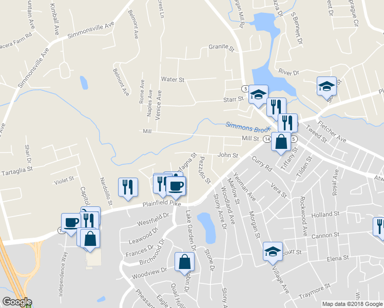 map of restaurants, bars, coffee shops, grocery stores, and more near 1 Zanfagna Street in Johnston
