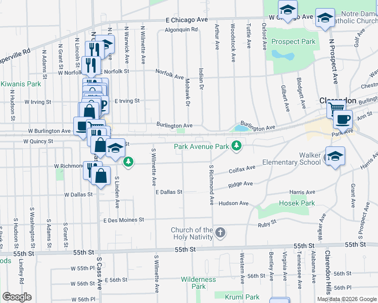 map of restaurants, bars, coffee shops, grocery stores, and more near 19 Oak Avenue in Westmont