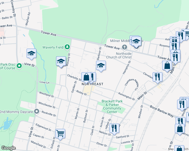 map of restaurants, bars, coffee shops, grocery stores, and more near 350 Barbour Street in Hartford