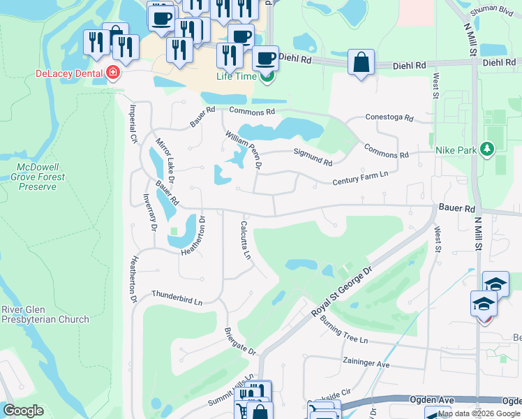 map of restaurants, bars, coffee shops, grocery stores, and more near 977 West Bauer Road in Naperville