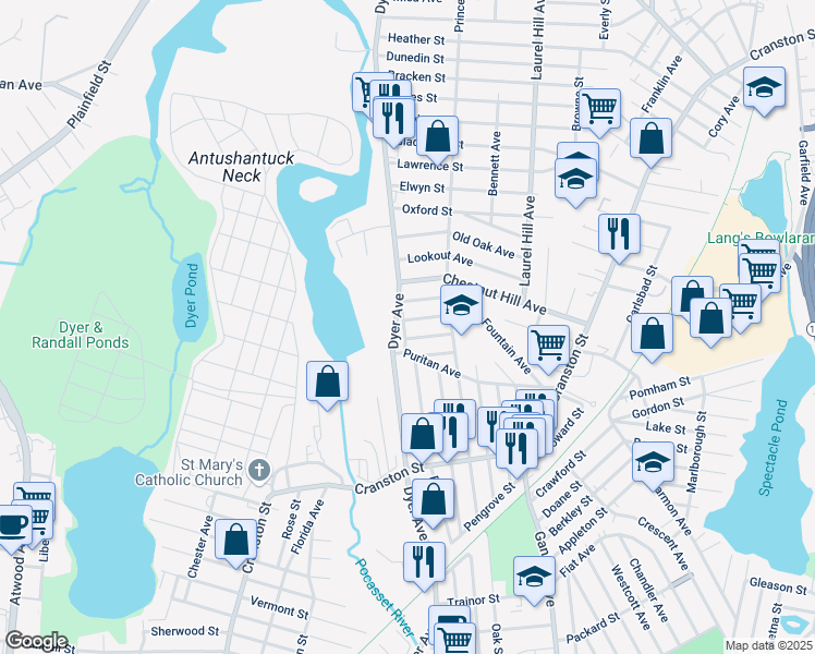 map of restaurants, bars, coffee shops, grocery stores, and more near 654 Meadow Avenue in Cranston