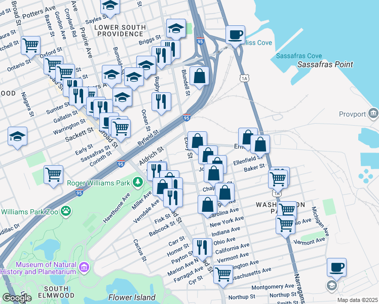 map of restaurants, bars, coffee shops, grocery stores, and more near 1151 Eddy Street in Providence