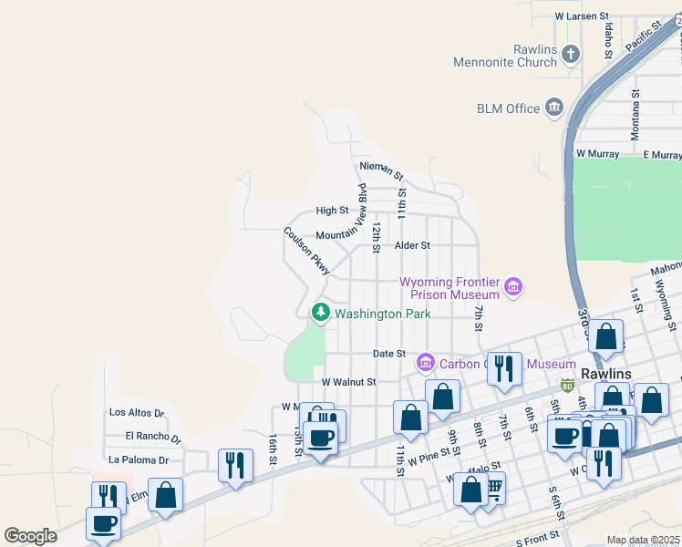 map of restaurants, bars, coffee shops, grocery stores, and more near 1307 Coulson Parkway in Rawlins