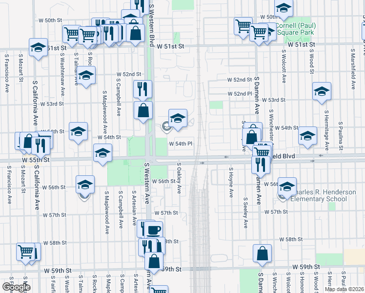 map of restaurants, bars, coffee shops, grocery stores, and more near 2233 West 54th Place in Chicago