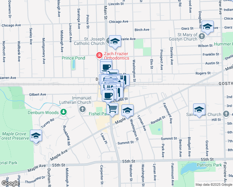 map of restaurants, bars, coffee shops, grocery stores, and more near 5128 Mochel Drive in Downers Grove
