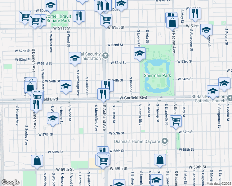 map of restaurants, bars, coffee shops, grocery stores, and more near 5445 S Justine St in Chicago
