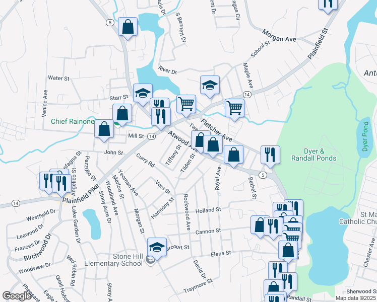 map of restaurants, bars, coffee shops, grocery stores, and more near 12 Tacoma Street in Cranston