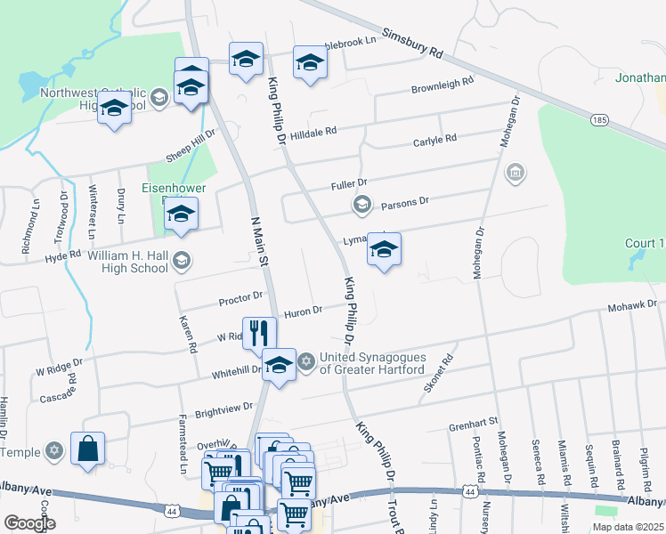 map of restaurants, bars, coffee shops, grocery stores, and more near 125 King Philip Drive in West Hartford
