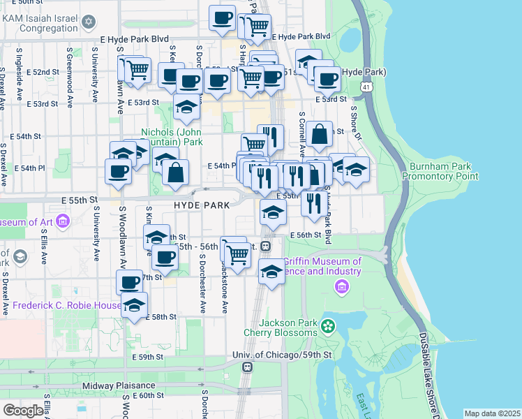 map of restaurants, bars, coffee shops, grocery stores, and more near 5517 South Harper Avenue in Chicago