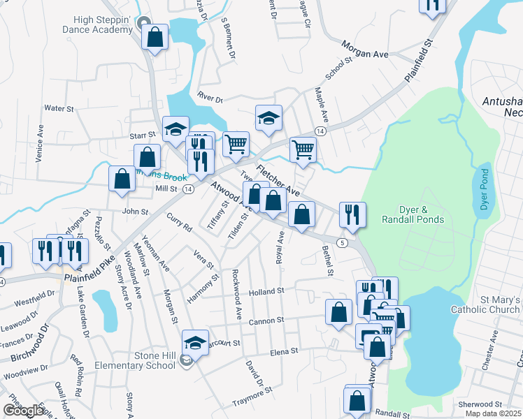 map of restaurants, bars, coffee shops, grocery stores, and more near 73 Clemence Street in Cranston