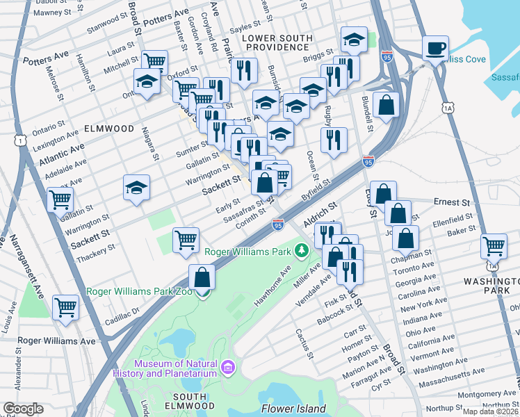 map of restaurants, bars, coffee shops, grocery stores, and more near 34 Sassafras Street in Providence