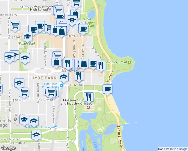 map of restaurants, bars, coffee shops, grocery stores, and more near 5523 South Everett Avenue in Chicago