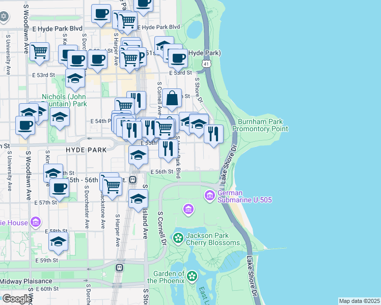 map of restaurants, bars, coffee shops, grocery stores, and more near 5525 South Hyde Park Boulevard in Chicago