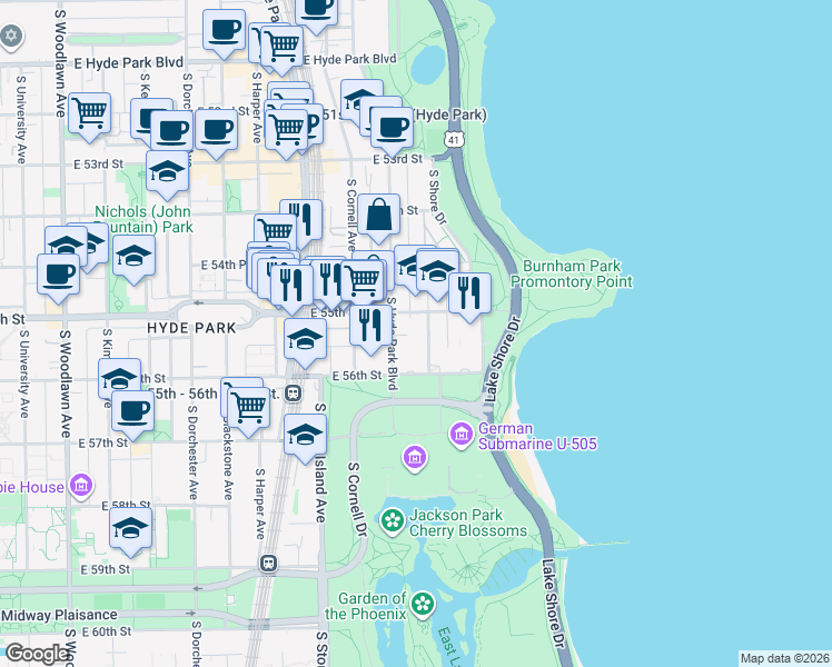 map of restaurants, bars, coffee shops, grocery stores, and more near 5525 South Hyde Park Boulevard in Chicago