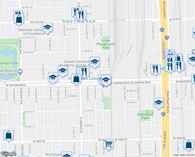 map of restaurants, bars, coffee shops, grocery stores, and more near 640 West Garfield Boulevard in Chicago