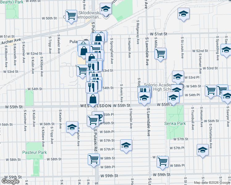 map of restaurants, bars, coffee shops, grocery stores, and more near 5418 South Avers Avenue in Chicago