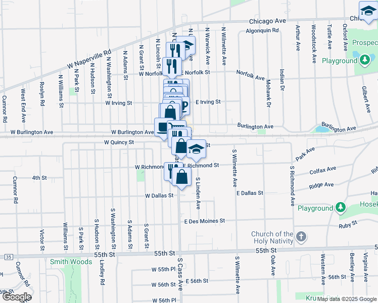 map of restaurants, bars, coffee shops, grocery stores, and more near 19 South Cass Avenue in Westmont