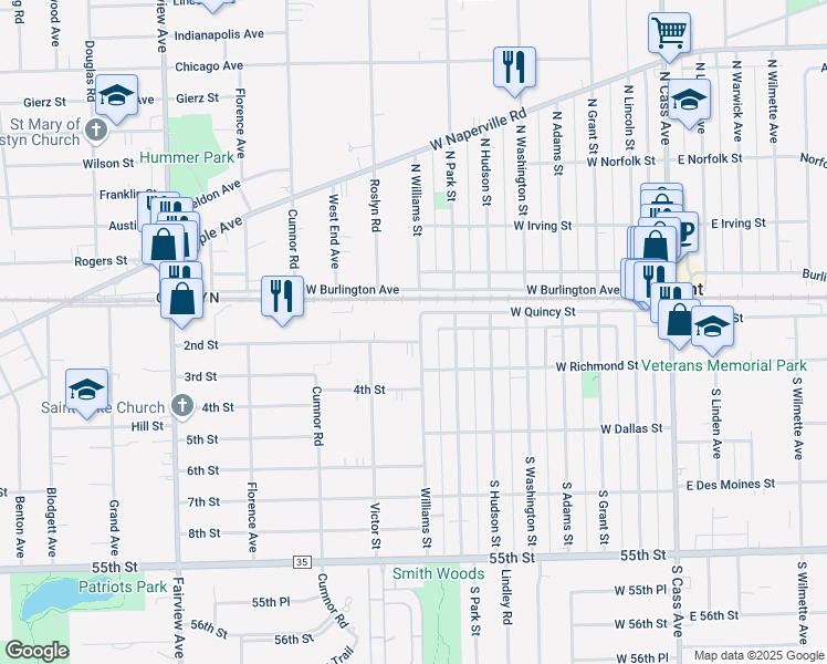 map of restaurants, bars, coffee shops, grocery stores, and more near 12 2nd Street in Downers Grove