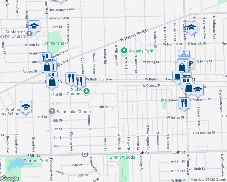 map of restaurants, bars, coffee shops, grocery stores, and more near 12 2nd Street in Downers Grove