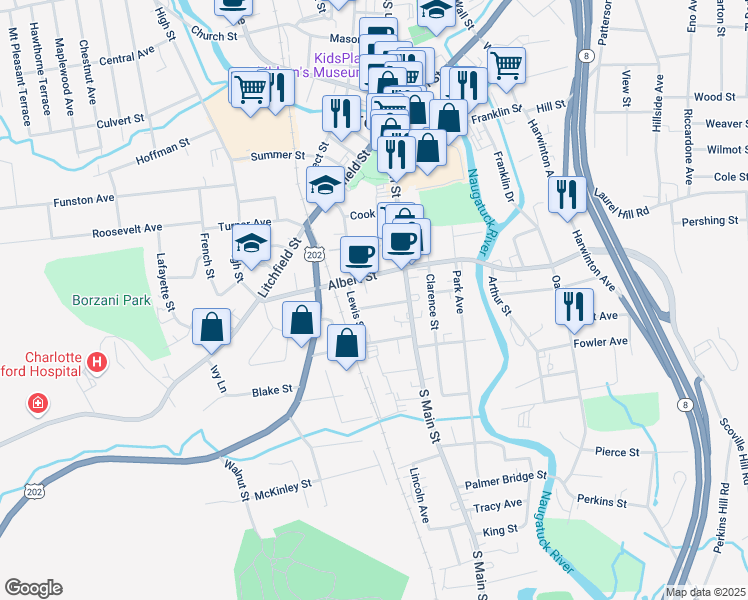map of restaurants, bars, coffee shops, grocery stores, and more near 52 Elton Street in Torrington